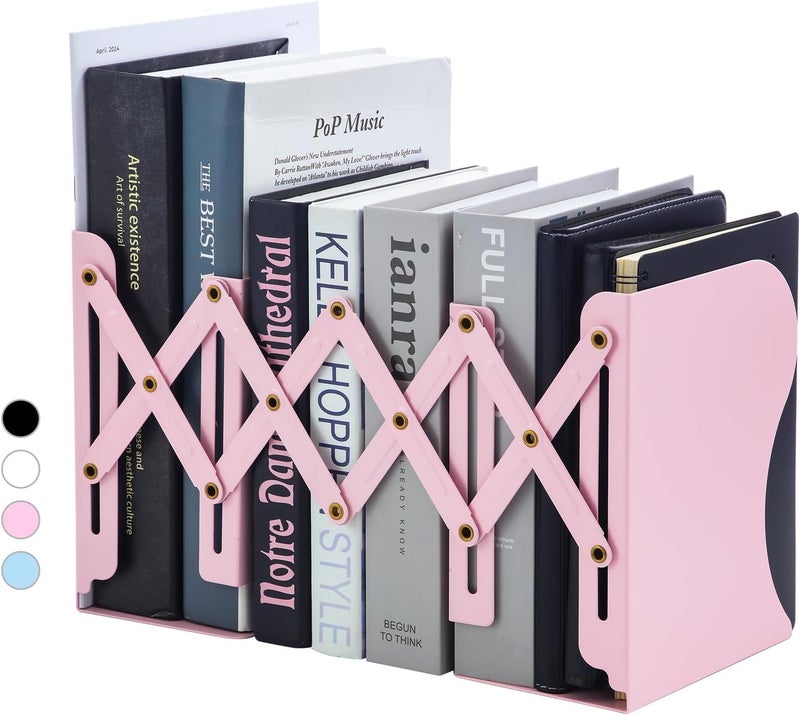 MG Adjustable Bookends Book Ends for Shelves, Metal Bookend for Heavy Books, Desk Magazine File Organizer Holder Extends up to 20in, Book Stopper for Home, Office, Classroom (Pink) - Image 1